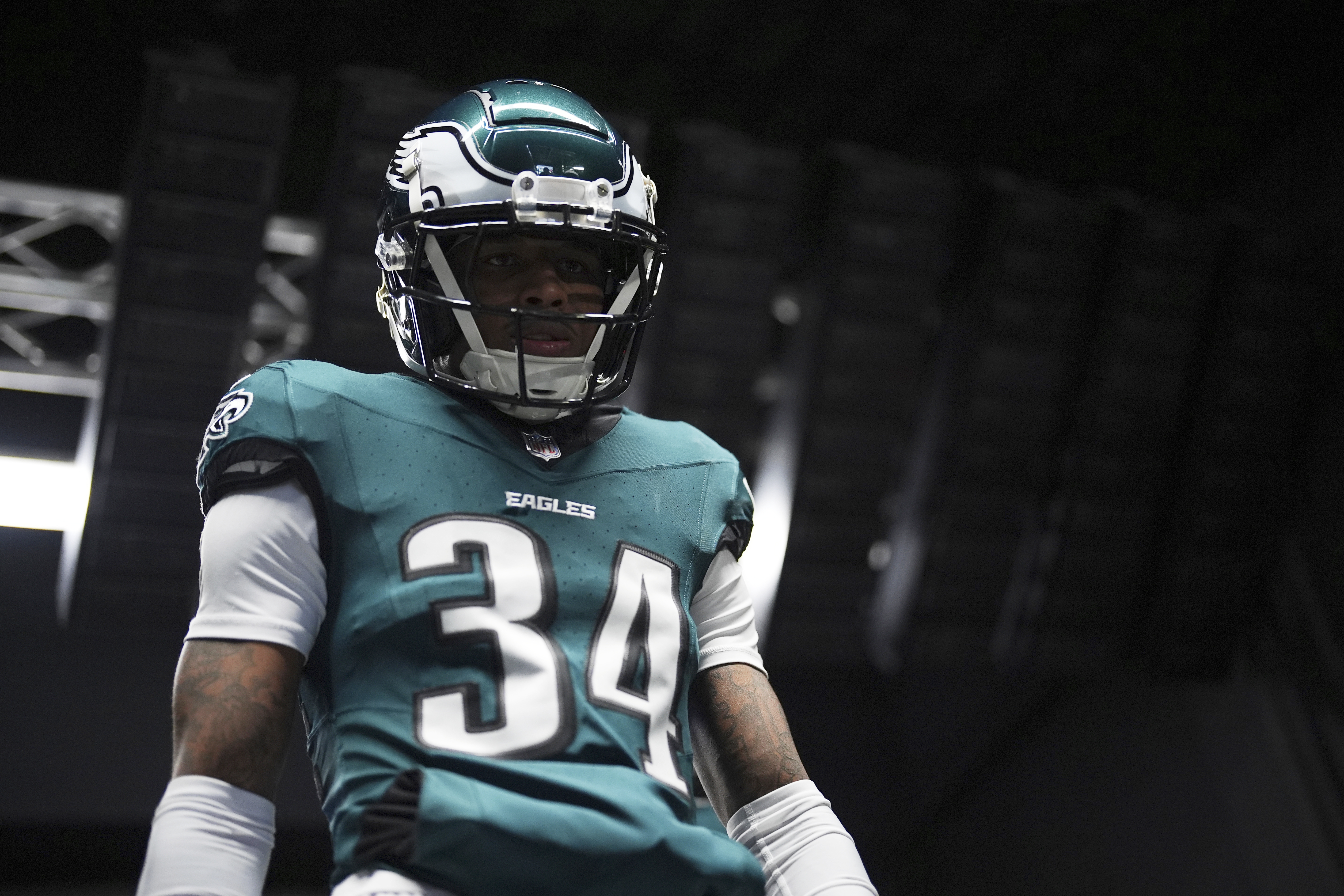 FILE - Philadelphia Eagles' Isaiah Rodgers walks to the field before the NFC Championship NFL football game between the Philadelphia Eagles and the Washington Commanders, on Jan. 26, 2025, in Philadelphia. 