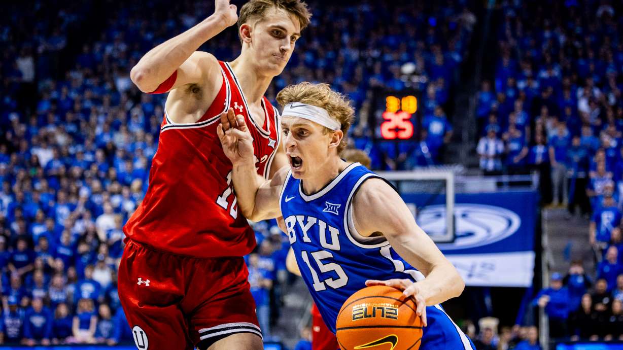 Brigham Young forward Richie Saunders (15) drives the ball toward the basket during a basketball game against the Utah Utes at the Marriott Center at Brigham Young University in Provo on Saturday, March 8, 2025.