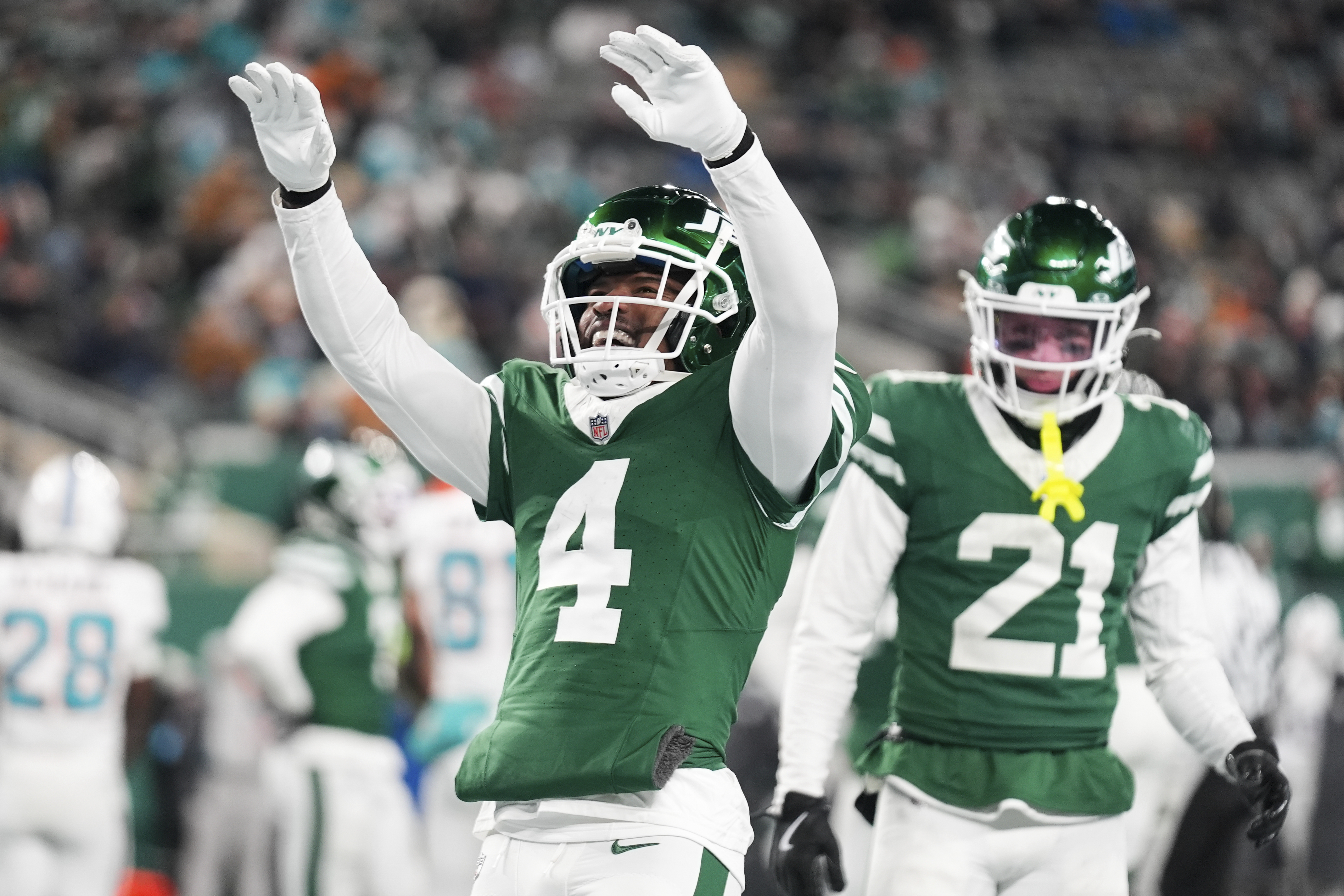 FILE - New York Jets cornerback D.J. Reed (4) reacts during the second half of an NFL football game against the Miami Dolphins, Sunday, Jan. 5, 2025, in East Rutherford, N.J. 
