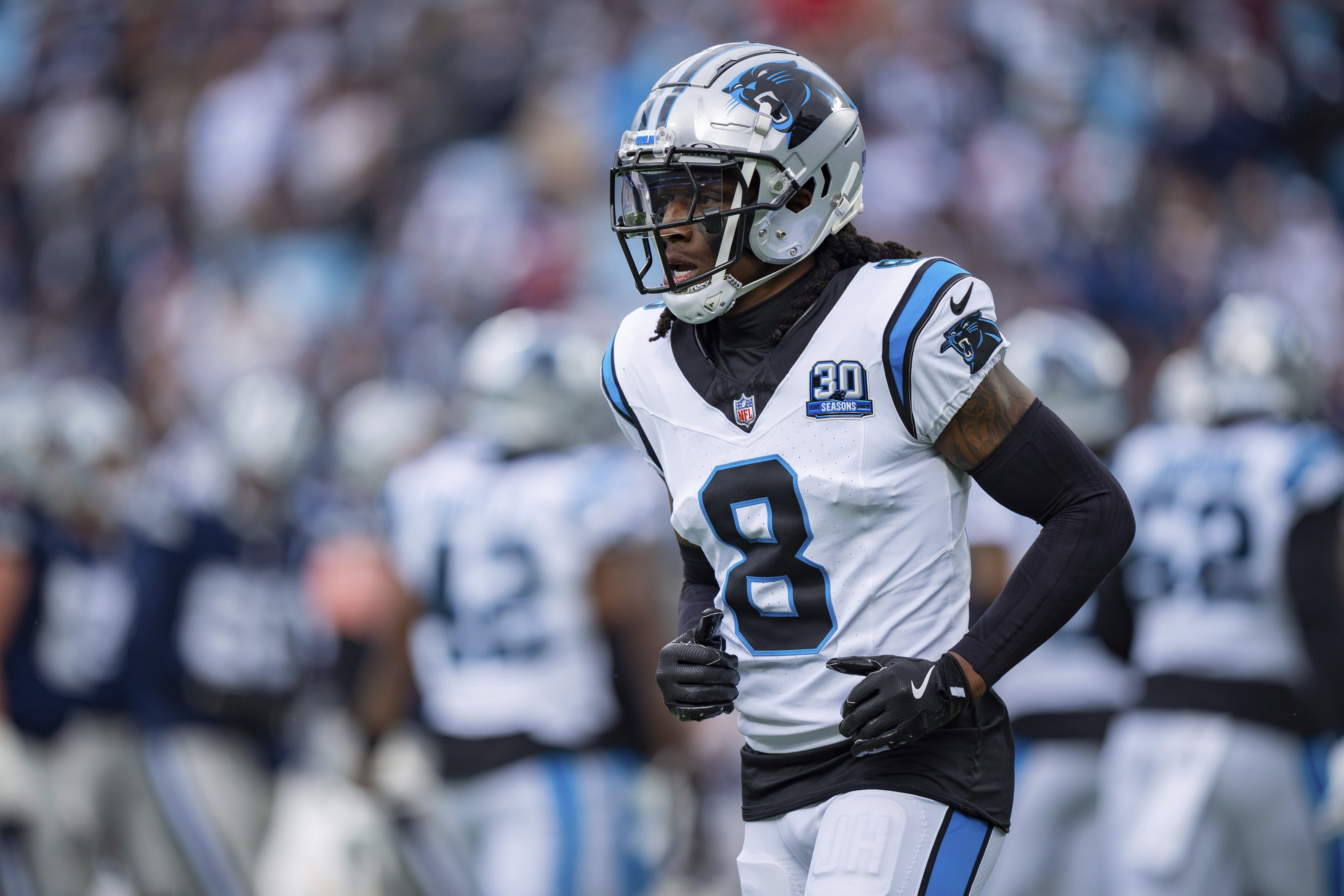 FILE - Carolina Panthers cornerback Jaycee Horn (8) plays during an NFL football game between the Carolina Panthers and the Dallas Cowboys on Dec. 15, 2024, in Charlotte, N.C. 