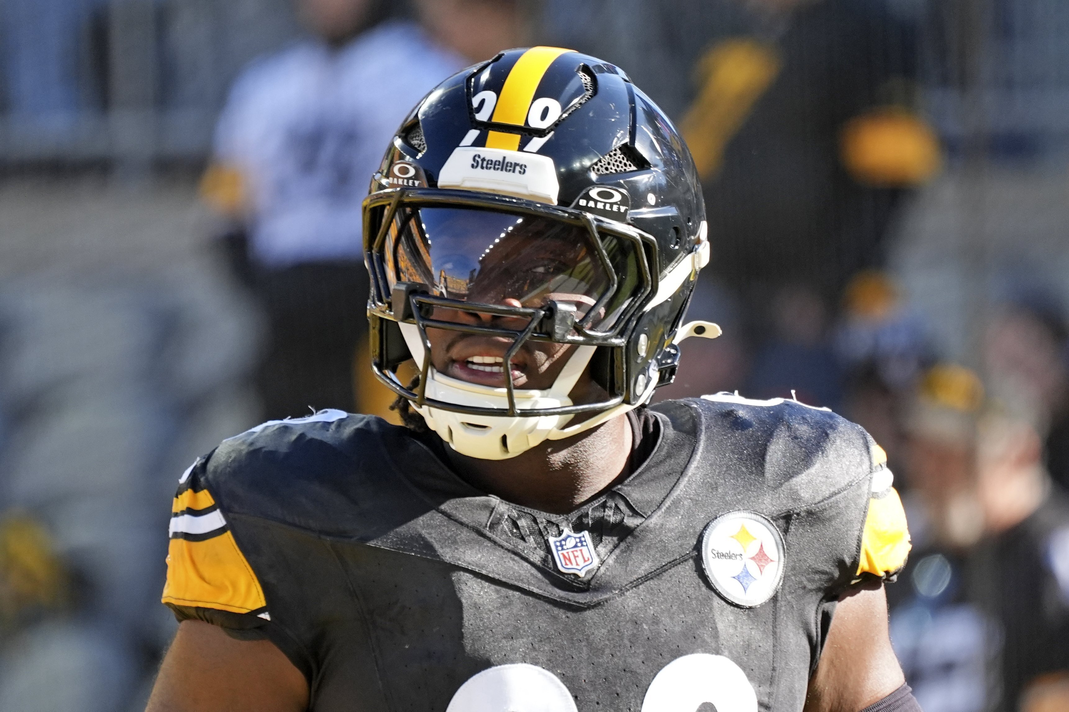 FILE - Pittsburgh Steelers defensive tackle Larry Ogunjobi (99) warms up before an NFL football game against the Cleveland Browns, Dec. 8, 2024, in Pittsburgh. 