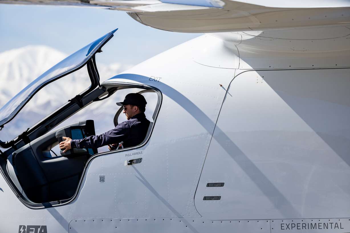 Pilots prepare to conduct a flight demonstration of the electric aircraft, ALIA, to showcase the future of air mobility in Utah, at Atlantic Aviation in Salt Lake City on Monday.