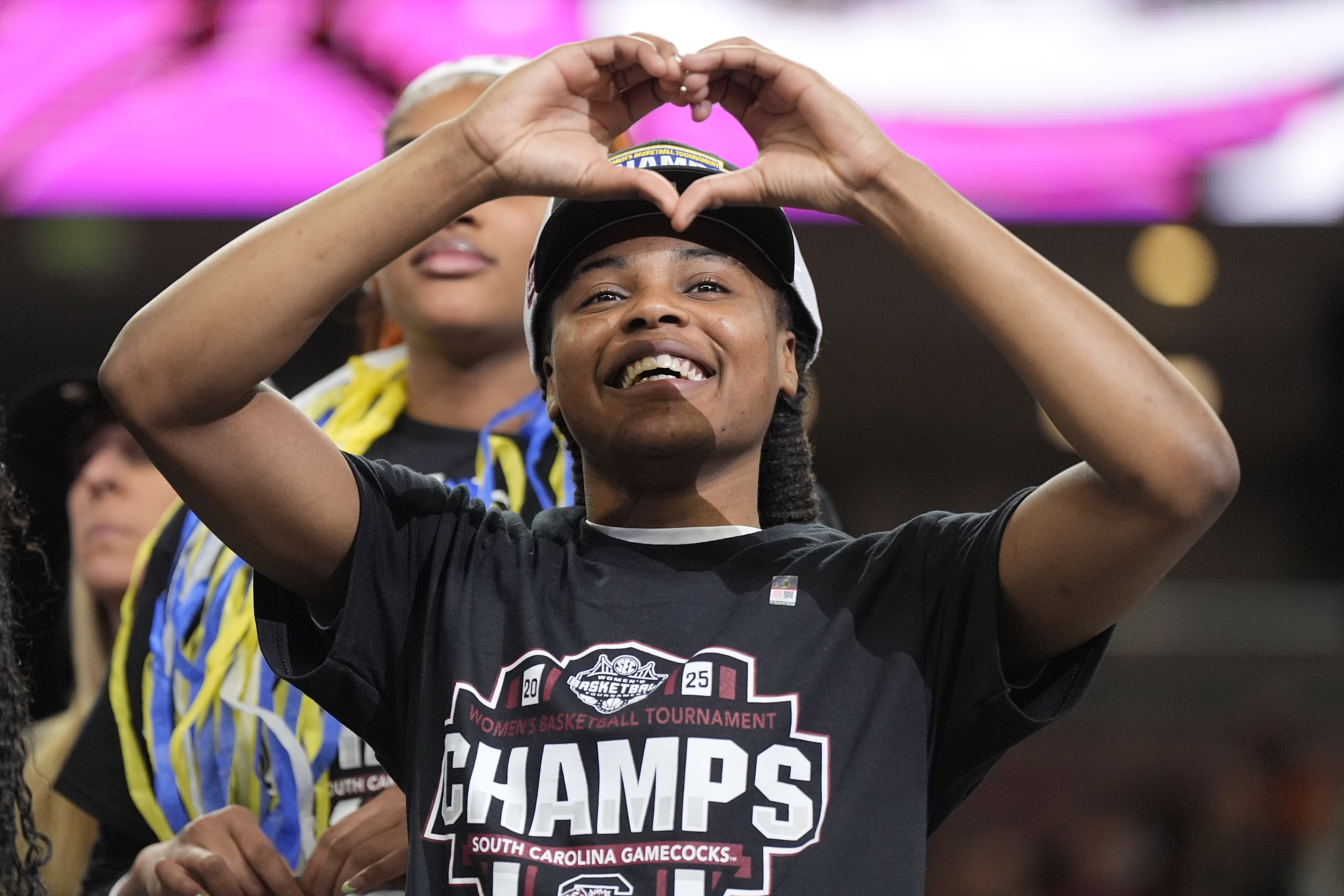 South Carolina guard MiLaysia Fulwiley celebrates after their win against Texas in an NCAA college basketball game in the final of the Southeastern Conference tournament, Sunday, March 9, 2025, in Greenville, S.C. 