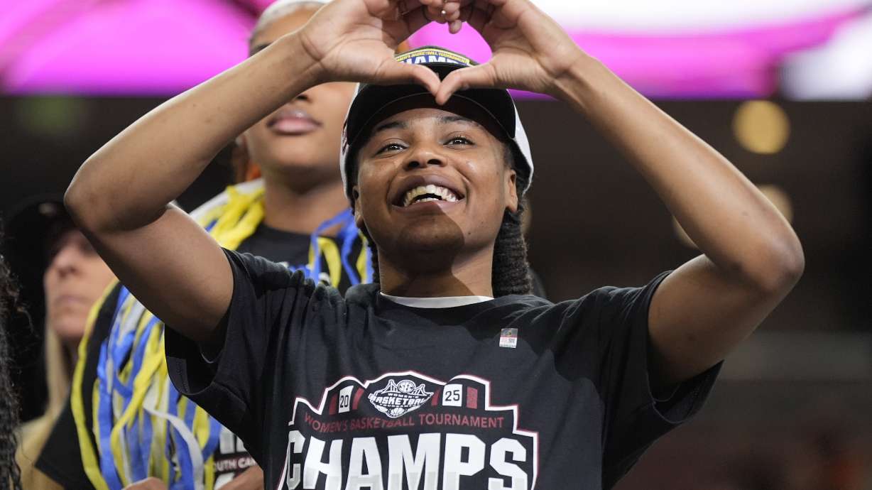 South Carolina guard MiLaysia Fulwiley celebrates after their win against Texas in an NCAA college basketball game in the final of the Southeastern Conference tournament, Sunday, March 9, 2025, in Greenville, S.C.