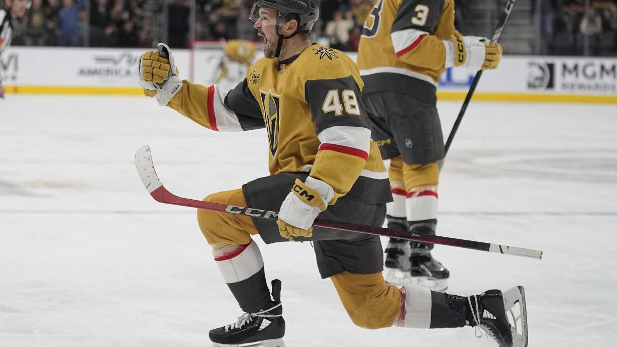Vegas Golden Knights center Tomas Hertl (48) celebrates after scoring against the Los Angeles Kings during the second period of an NHL hockey game Sunday, March 9, 2025, in Las Vegas.