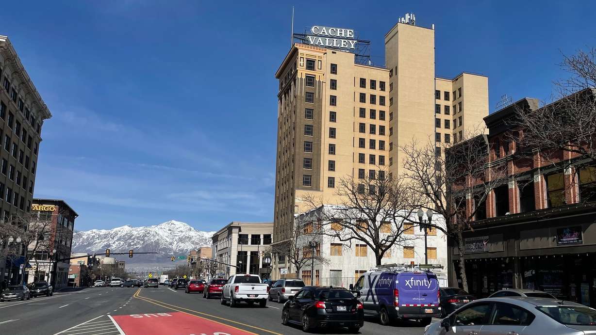 The Cache Valley Bank building in Ogden, photographed Monday. On Saturday, signs critical of President Donald Trump were clandestinely placed atop the 13-story building and then quickly removed.
