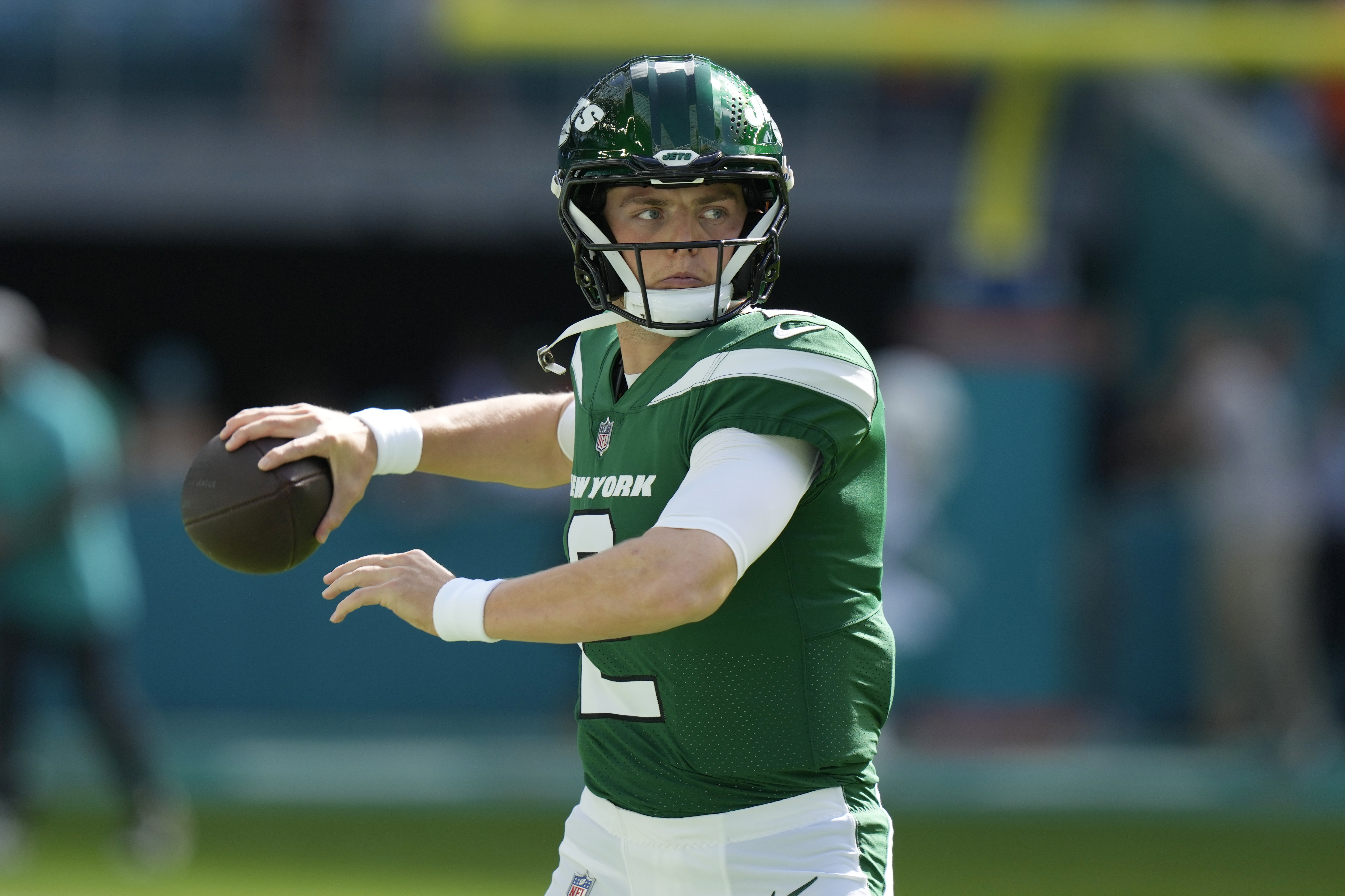 FILE - New York Jets quarterback Zach Wilson (2) warms up before an NFL football game against the Miami Dolphins, Dec. 17, 2023, in Miami Gardens, Fla. 