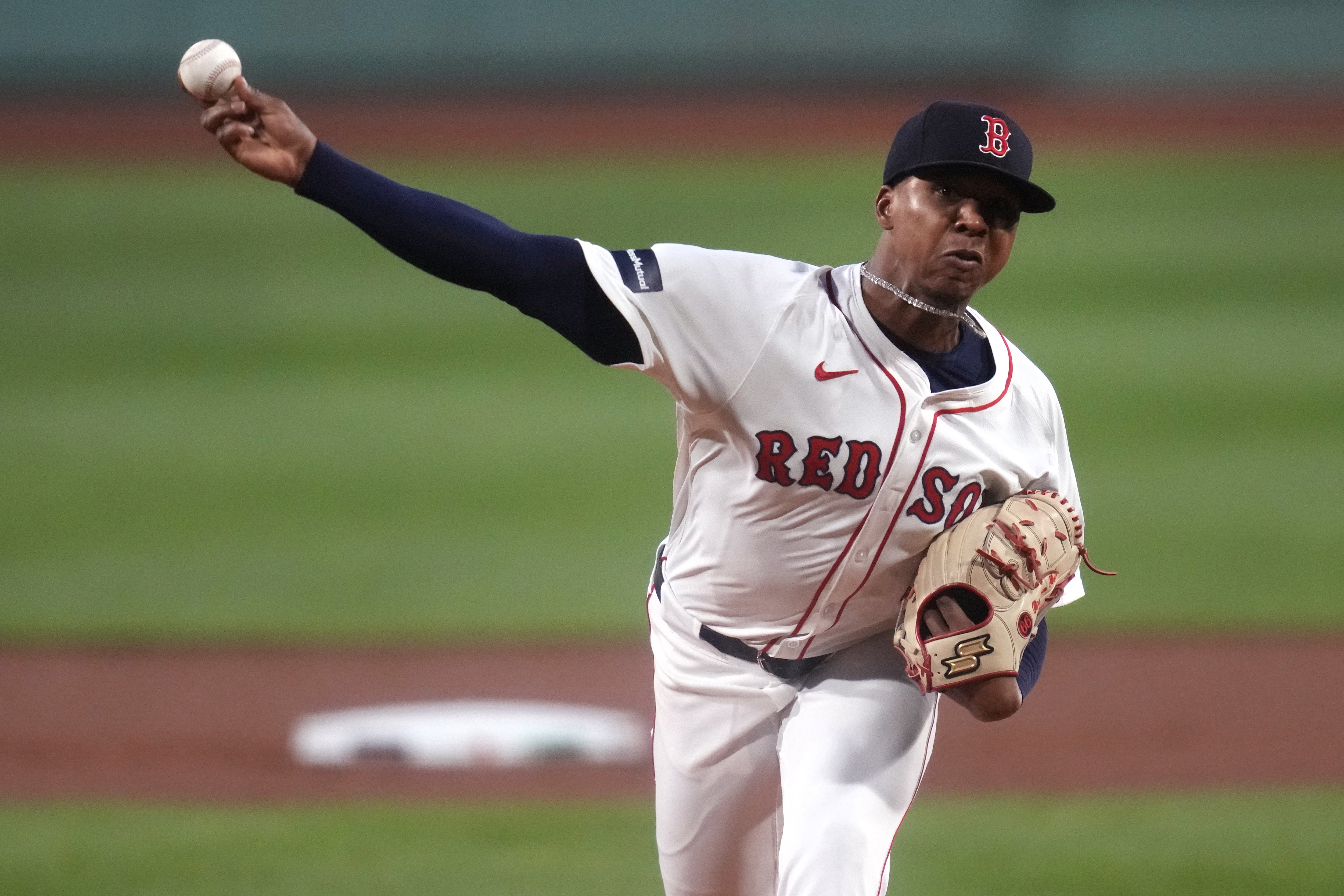 FILE - Boston Red Sox pitcher Brayan Bello delivers during the first inning of a baseball game against the Baltimore Orioles at Fenway Park, Sept. 9, 2024, in Boston.