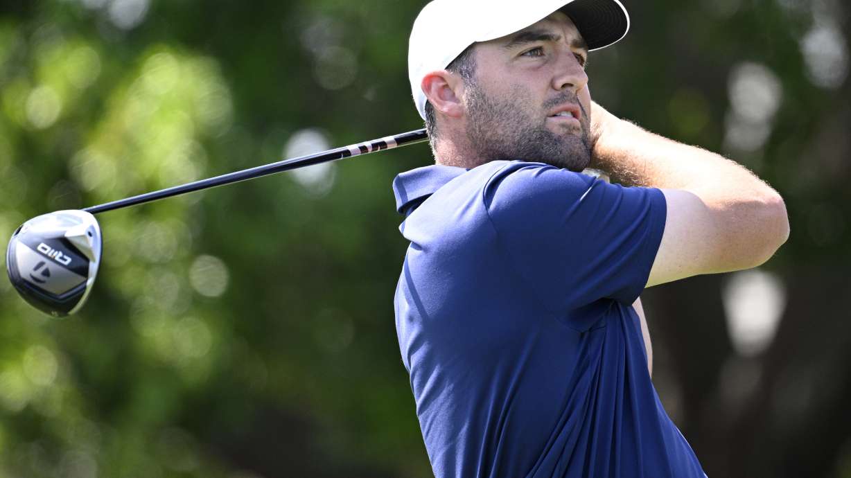 Scottie Scheffler tees off on the first hole during the third round of the Arnold Palmer Invitational at Bay Hill golf tournament, Saturday, March 8, 2025, in Orlando, Fla.