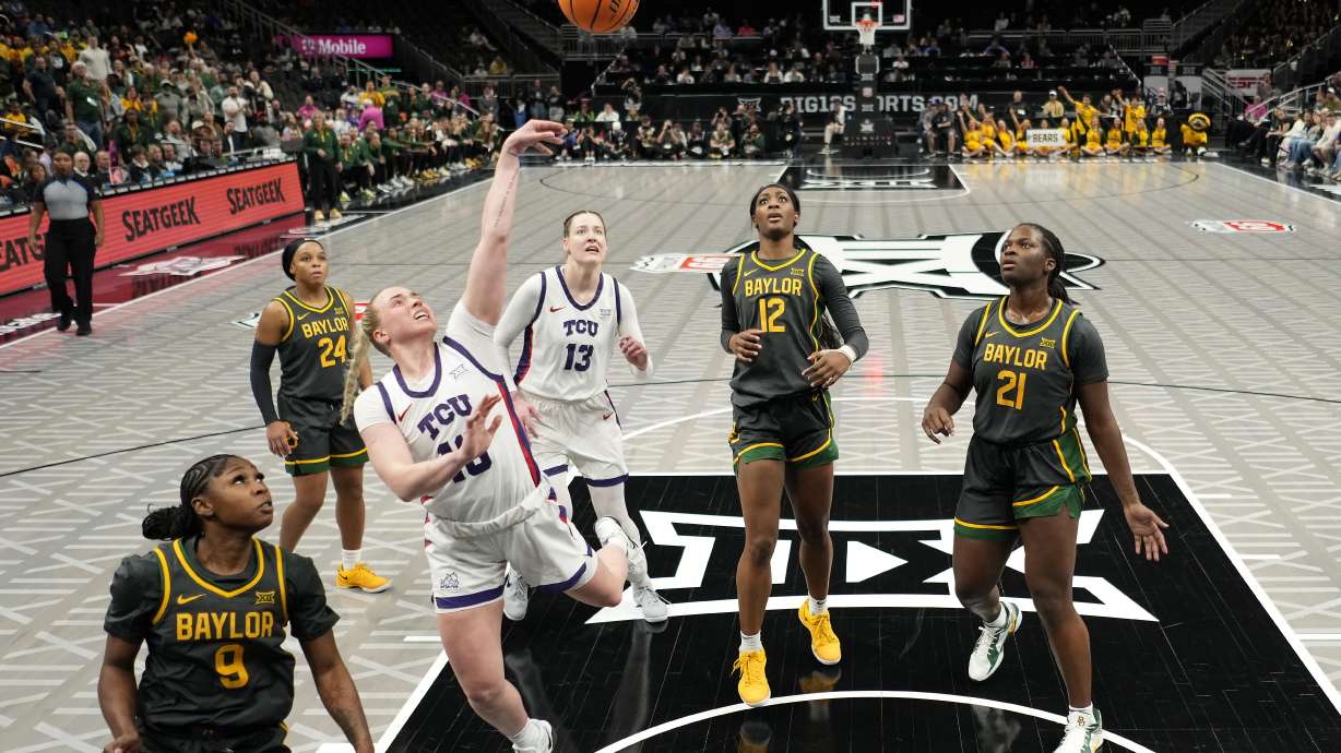 TCU guard Hailey Van Lith (10) puts up a shot during the second half of an NCAA college basketball game against Baylor for the Big 12 women's tournament championship Sunday, March 9, 2025, in Kansas City, Mo.