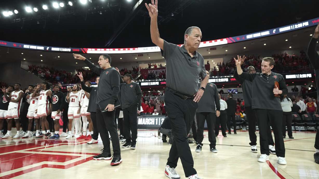 Houston head coach Kelvin Sampson reacts after beating Iowa State 68-59 during an NCAA college basketball game in Houston, Saturday, Feb. 22, 2025.