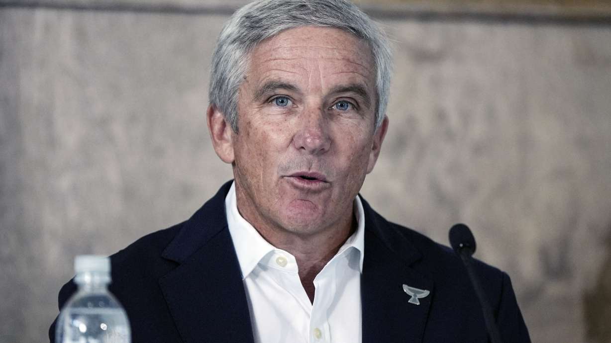 FILE - Commissioner of the PGA Tour, Jay Monahan IV speaks during a news conference ahead of the Tour Championship golf tournament, Aug. 28, 2024, in Atlanta.