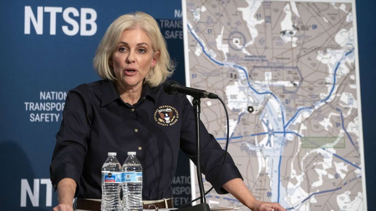 National Transportation Safety Board Chair Jennifer Homendy speaks during a news conference at board headquarters Feb. 14 in Washington. Federal investigators are recommending a ban on some helicopter flights at a Washington airport.