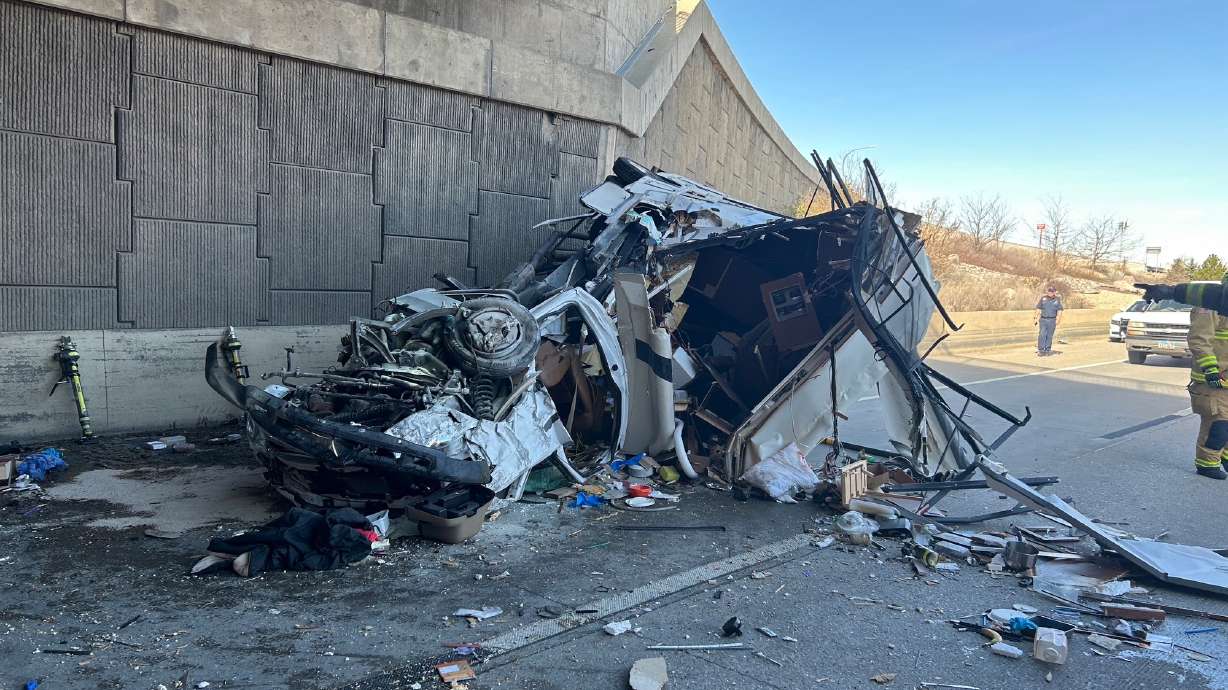 A motorhome crashed into a concrete barrier on I-15 north of Provo on Tuesday, blocking four lanes of traffic and seriously injuring two, according to the Utah Highway Patrol.