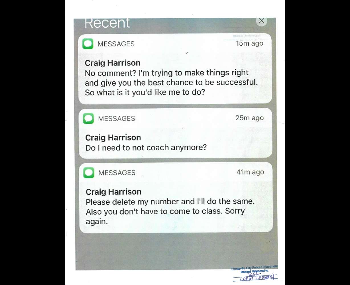 A screenshot from a witness's phone, obtained through public record request, from a Grantsville Police Department victim report showing texts appearing to be from Craig Harrison to a student, allegedly sent "the middle of spring of 2017."