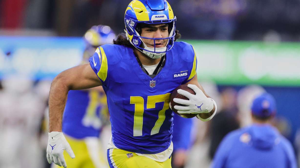 Los Angeles Rams wide receiver Puka Nacua warms up before an NFL football game against the Arizona Cardinals, Saturday, Dec. 28, 2024, in Inglewood, Calif.