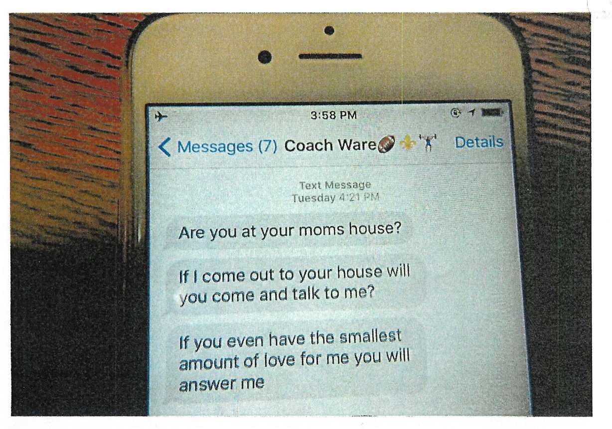 A photo of text messages sent by Curtis Ware to Paige Elsholz the day she attempted to take her life, obtained through public records requests. Some texts were deleted and irrecoverable, a police report says.