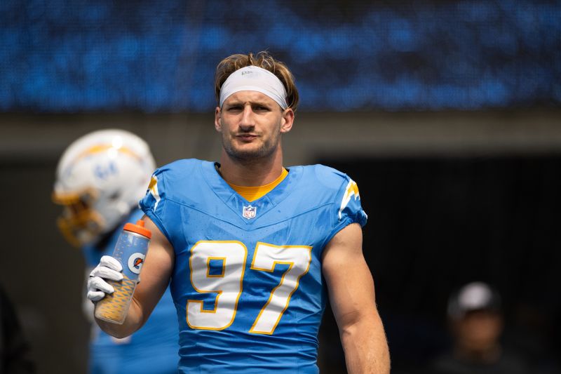 FILE - Los Angeles Chargers linebacker Joey Bosa (97) drinks water before an NFL football game against the Las Vegas Raiders, Sept. 8, 2024, in Inglewood, Calif. - AP Photo/Kyusung Gong, File