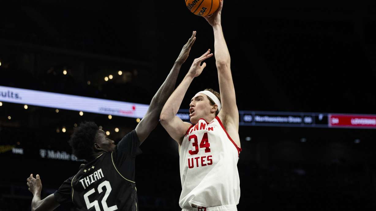 Utah Utes center Lawson Lovering (34) puts up a shot during a first round game of the Big 12 Championship between the Utah Utes and the UCF Knights at the T-Mobile Center in Kansas City, Missouri, on Tuesday, March 11, 2025.