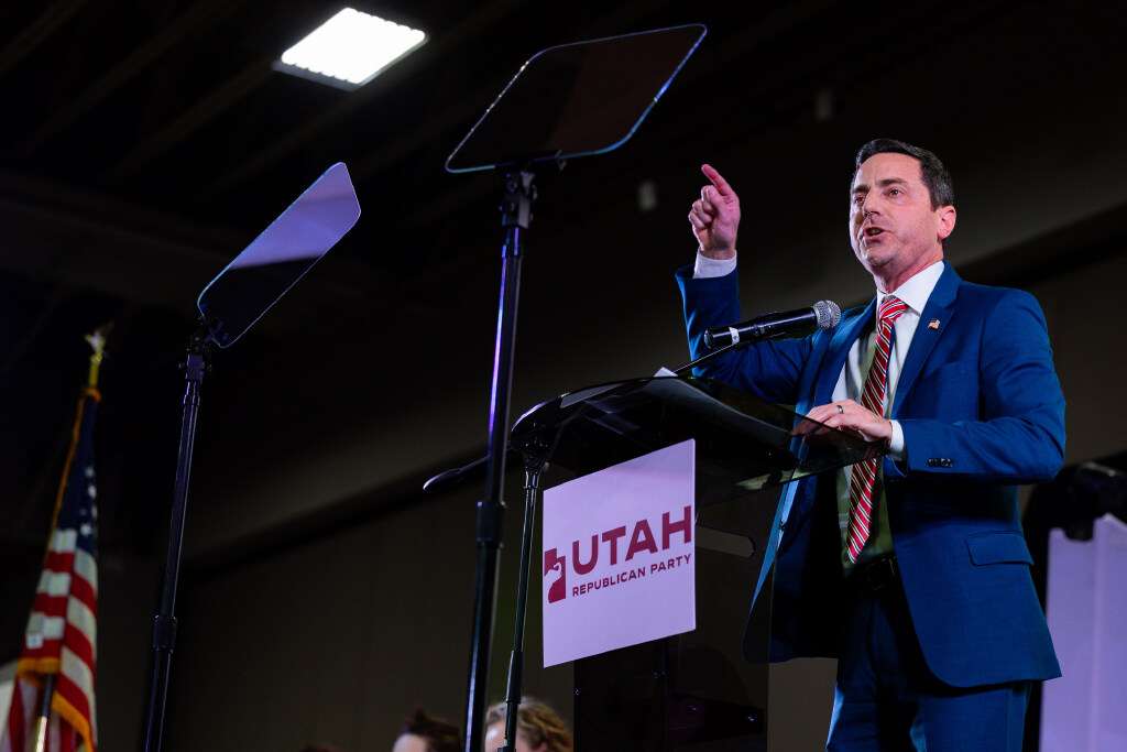 Trent Staggs, who was running for U.S. Senate, speaks at the Utah Republican Party state nominating convention at the Salt Palace Convention Center in Salt Lake City on April 27, 2024.