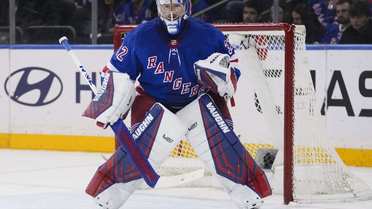 FILE - New York Rangers goaltender Jonathan Quick protects the net during the second period of an NHL hockey game against the Vegas Golden Knights Feb. 2, 2025, in New York.