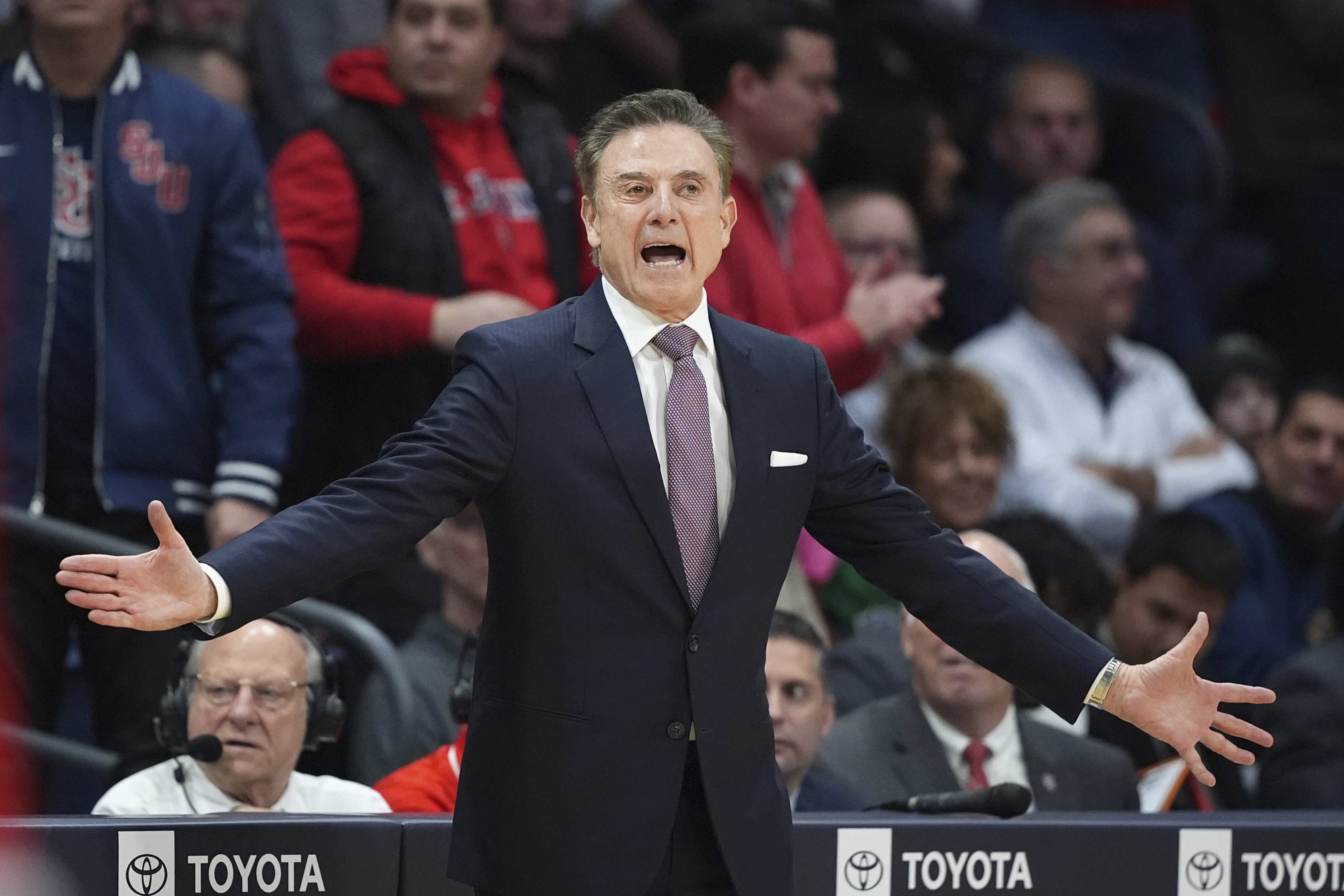 St. John's Rick Pitino reacts during the first half of an NCAA college basketball game against Villanova, Wednesday, Feb. 12, 2025, in Villanova, Pa.