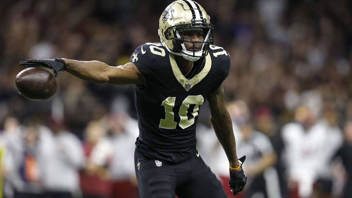 FILE - New Orleans Saints wide receiver Marquez Valdes-Scantling celebrates after a play during an NFL football game against the Washington Commanders, Dec. 15, 2024, in New Orleans.