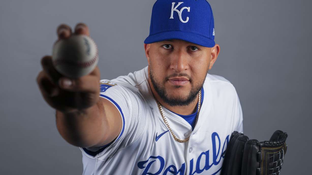 FILE - This is a 2025 photo of relief pitcher Carlos Estevez of the Kansas City Royals baseball team. This image reflects the Kansas City Royals active roster as of Feb. 19, 2025, when this image was taken.