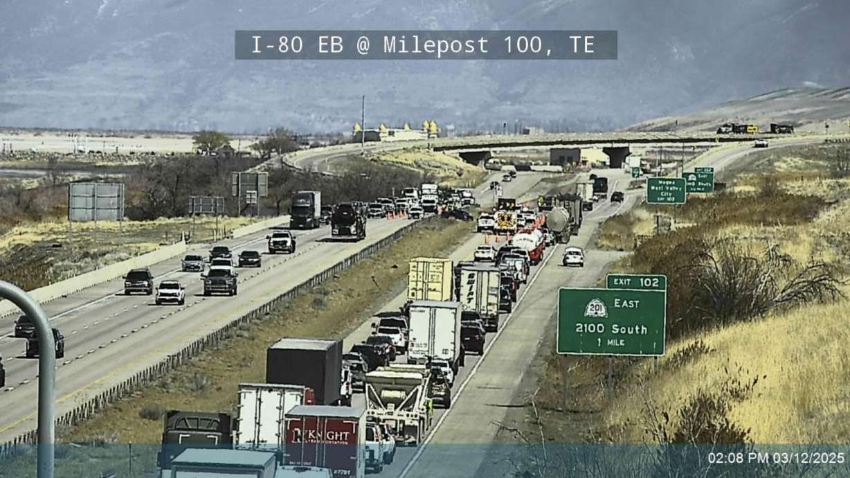 A traffic camera shows eastbound traffic on I-80 at mile marker 100, near Lake Point in Tooele County, backing up after a crash Wednesday afternoon.