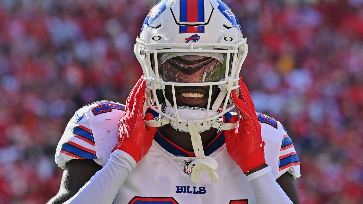 FILE - Buffalo Bills cornerback Kaiir Elam (24) reacts after an interception during an NFL football game against the Kansas City Chiefs Sunday, Oct. 16, 2022, in Kansas City, Mo.