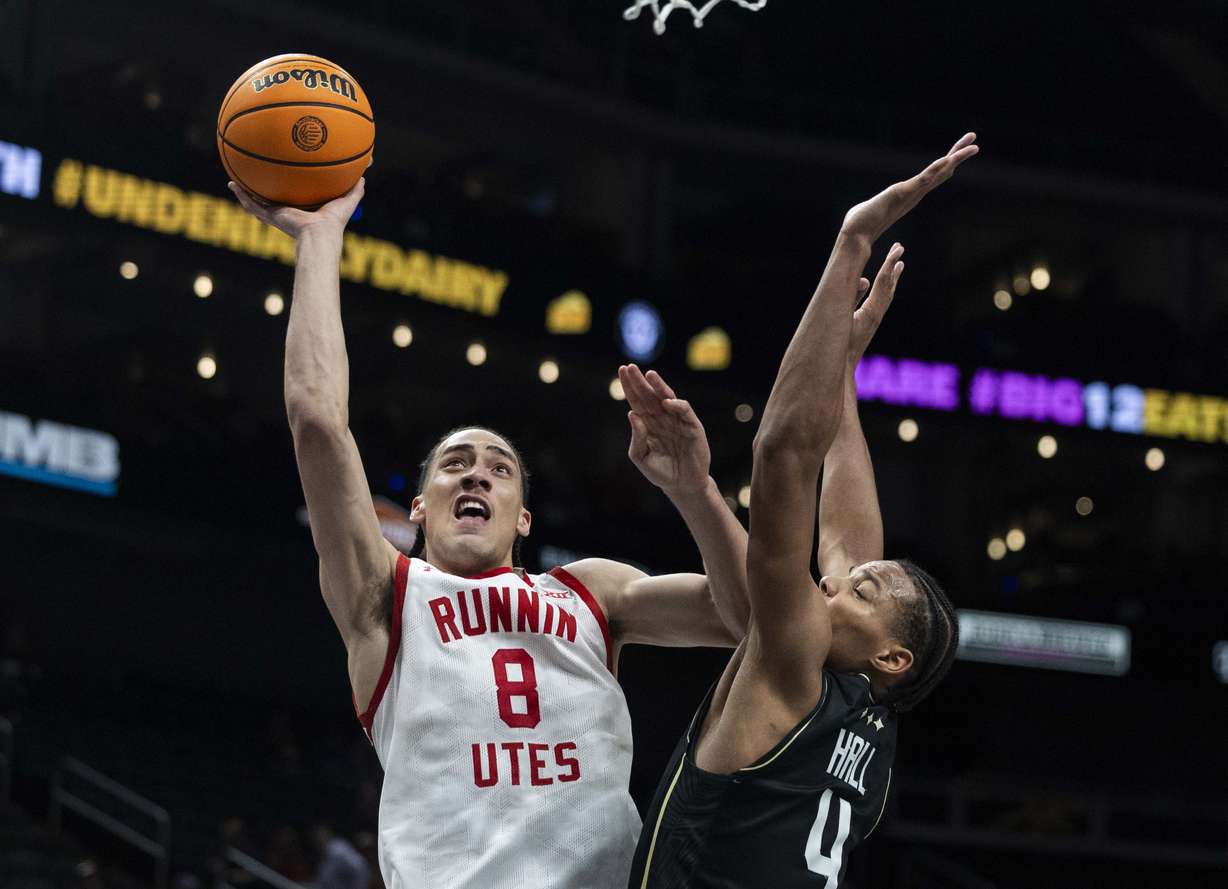 Utah Utes forward Keanu Dawes (8) puts up a shot during a first round game of the Big 12 Championship between the Utah Utes and the UCF Knights at the T-Mobile Center in Kansas City, Missouri, on Tuesday, March 11, 2025. The Utah Utes were knocked out of the championship by the UCF Knights, with a final score of 87-72.