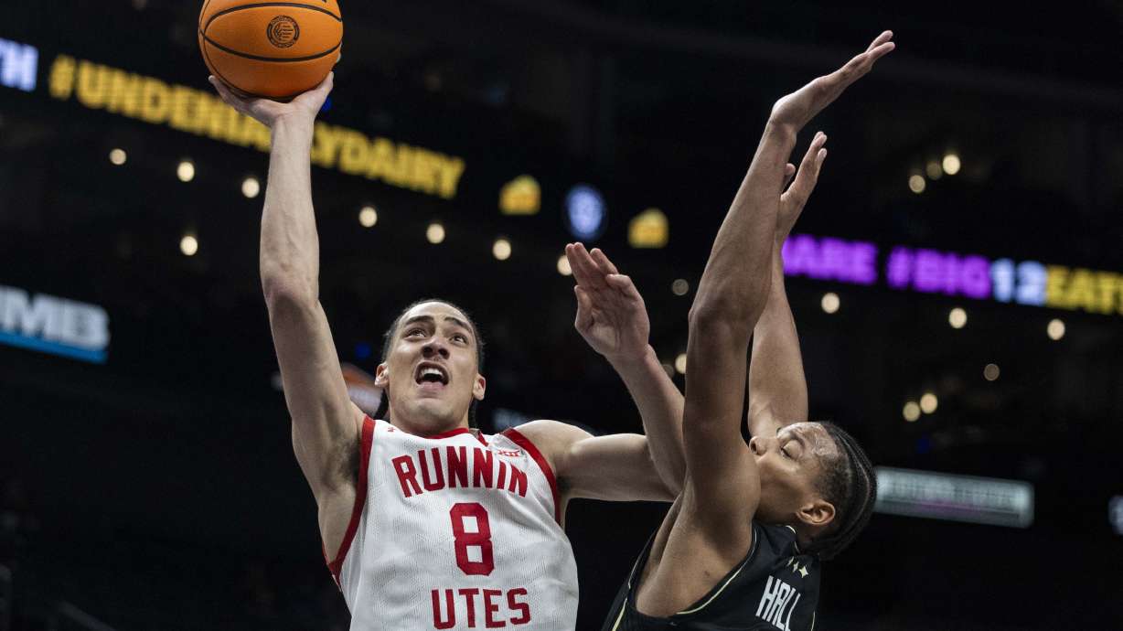 Utah Utes forward Keanu Dawes (8) puts up a shot during a first round game of the Big 12 Championship between the Utah Utes and the UCF Knights at the T-Mobile Center in Kansas City, Missouri, on Tuesday, March 11, 2025. The Utah Utes were knocked out of the championship by the UCF Knights, with a final score of 87-72.