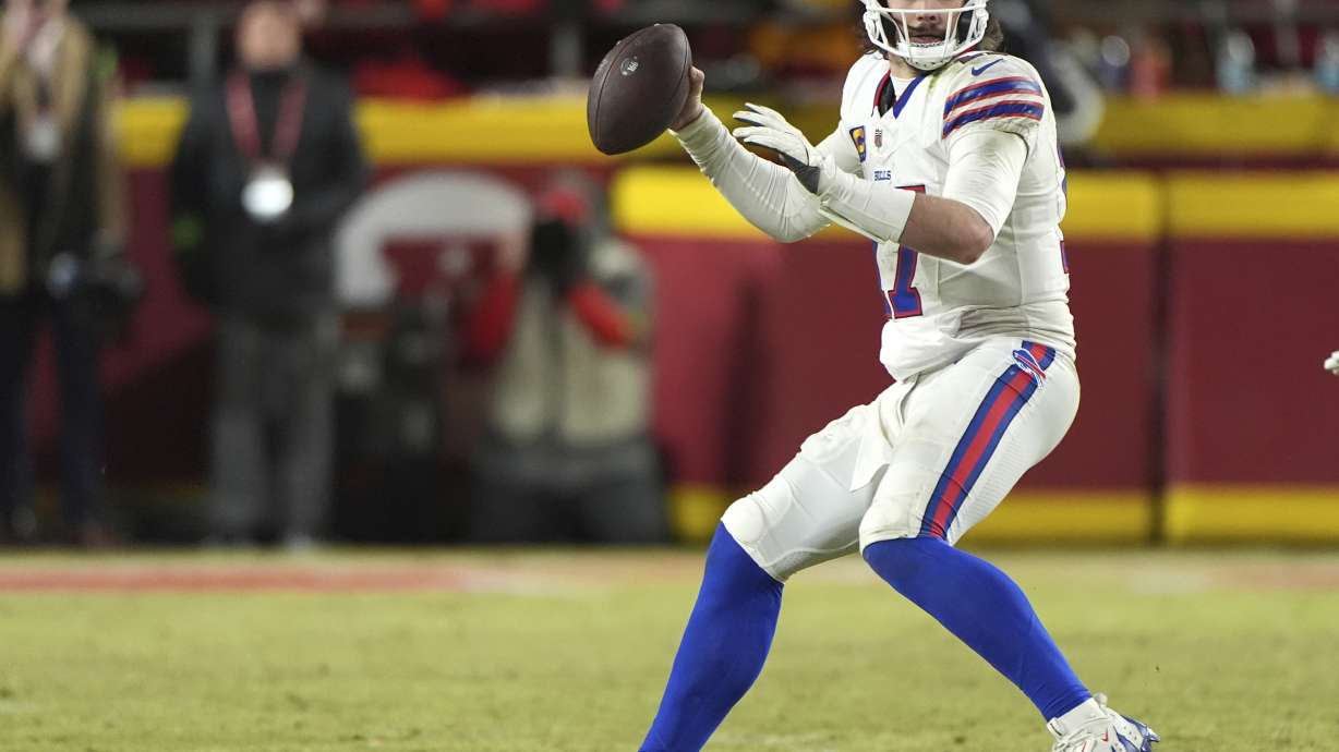 FILE - Buffalo Bills quarterback Josh Allen looks to pass during the second half of the AFC Championship NFL football game against the Kansas City Chiefs, Monday, Jan. 27, 2025, in Kansas City, Mo.