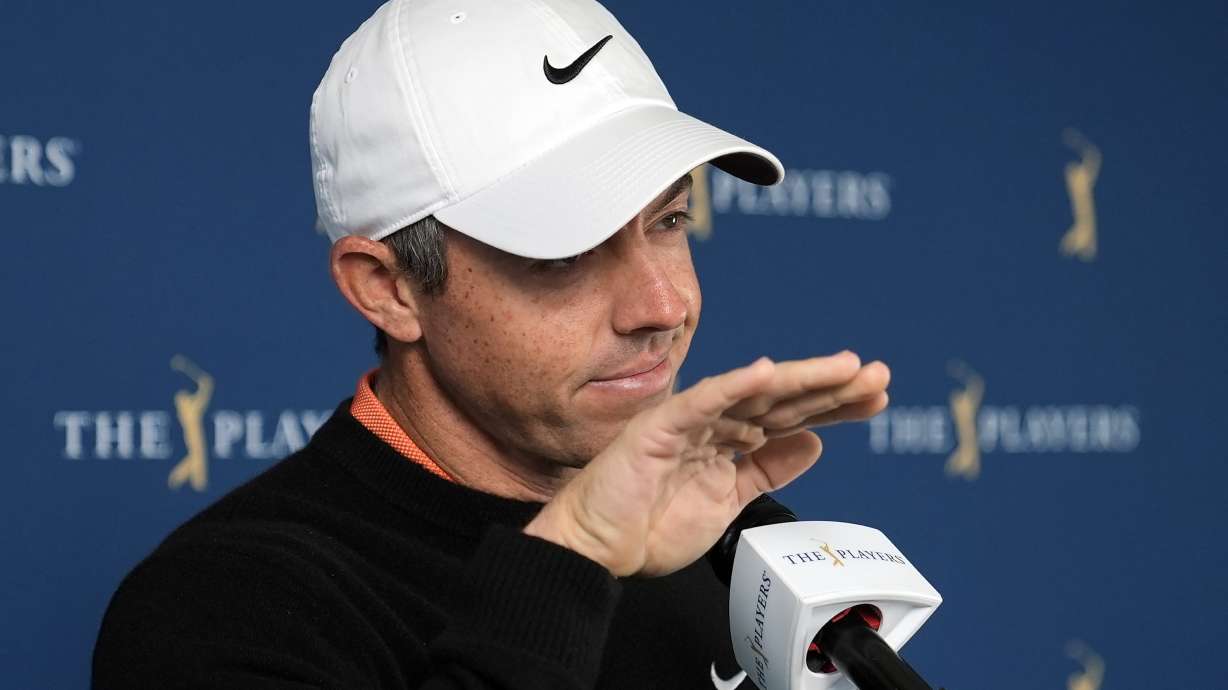 Rory McIlroy, of Northern Ireland, gestures as he speaks to the media before a practice round of The Players Championship golf tournament Wednesday, March 12, 2025, in Ponte Vedra Beach, Fla.