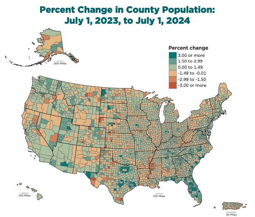 This map shows population percentage change across every U.S. county between July 1, 2023, and July 1, 2024.