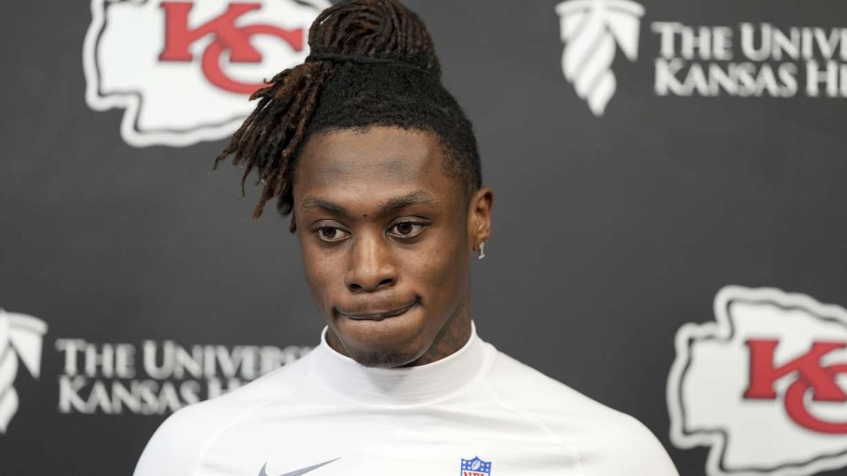 FILE - Kansas City Chiefs wide receiver Xavier Worthy addresses the media before NFL football practice, Thursday, Jan. 30, 2025, in Kansas City, Mo.