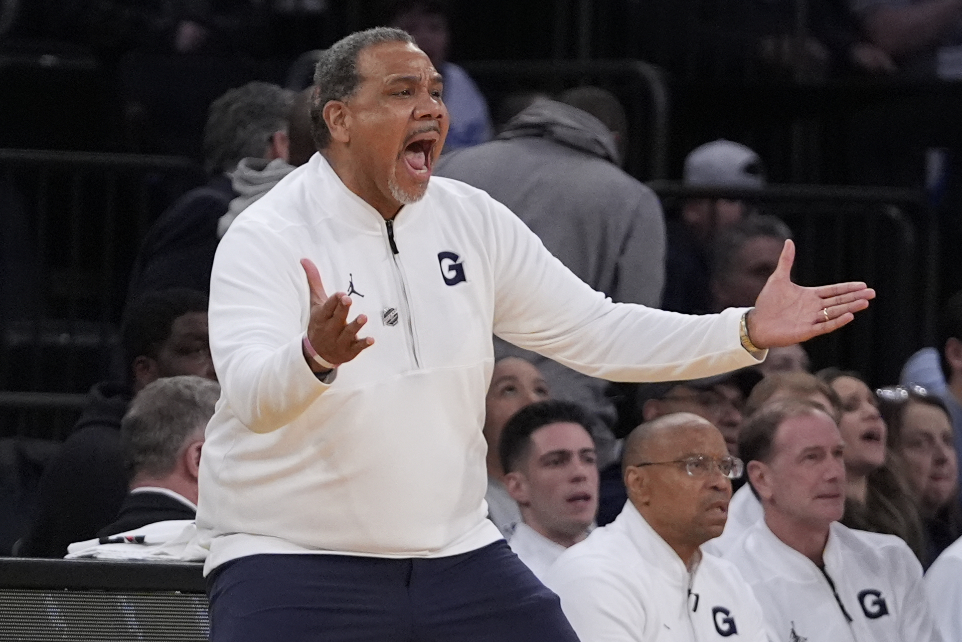 Georgetown head coach Ed Cooley reacts during the first half of an NCAA college basketball game against DePaul at the Big East basketball tournament Wednesday, March 12, 2025, in New York.