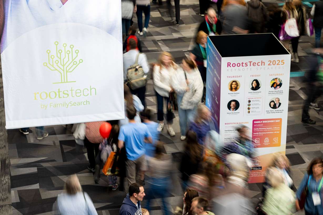 Attendees walk around during the final day of RootsTech 2025 held at the Salt Palace Convention Center in Salt Lake City on March 8.