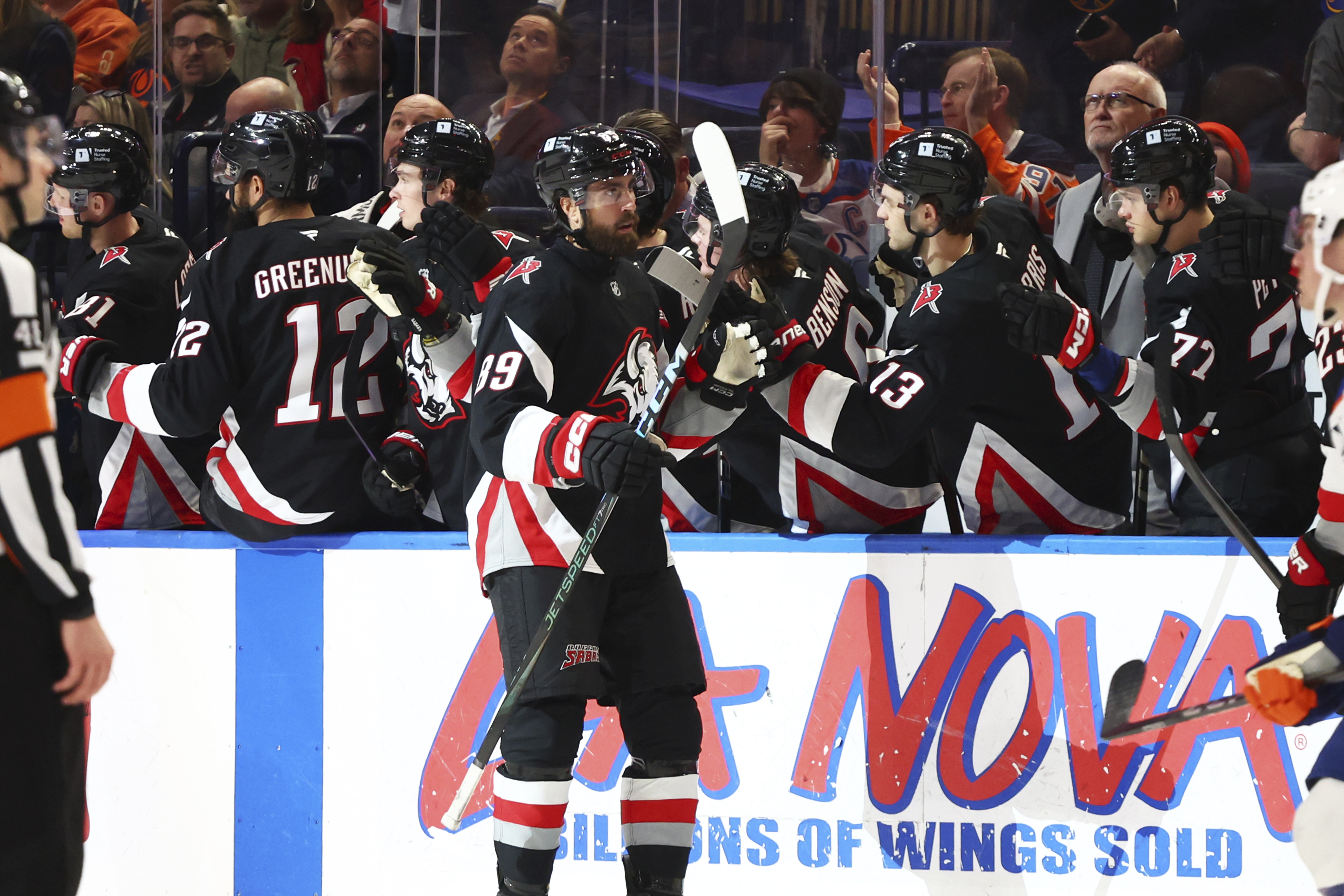 Buffalo Sabres right wing Alex Tuch (89) celebrates his goal during the second period of an NHL hockey game against the Edmonton Oilers, Monday, March 10, 2025, in Buffalo, N.Y.