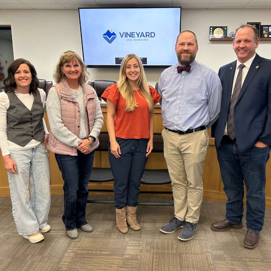 The Vineyard City Council — Mardi Sifuentes, Sara Cameron, Mayor Julie Fullmer, Brett Clawson and Jacob Holdaway — poses on Nov. 20, 2024.