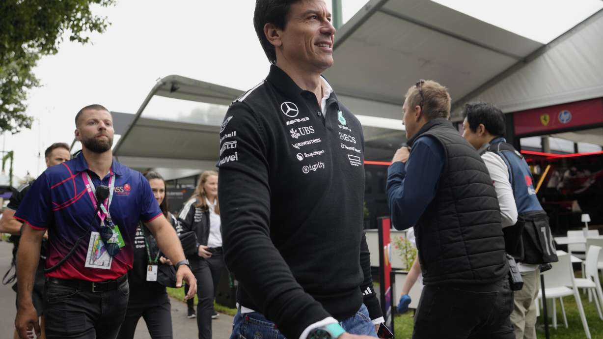 Mercedes team principal Toto Wolff arrives at the track ahead of the Australian Formula One Grand Prix at Albert Park, in Melbourne, Australia, Thursday, March 13, 2025.