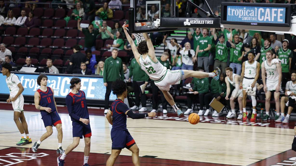 Utah Valley's Carter Welling dunks against Utah Tech during a Western Athletic Conference tournament basketball game, Wednesday, March 12, 2025 at Orleans Arena in Las Vegas.