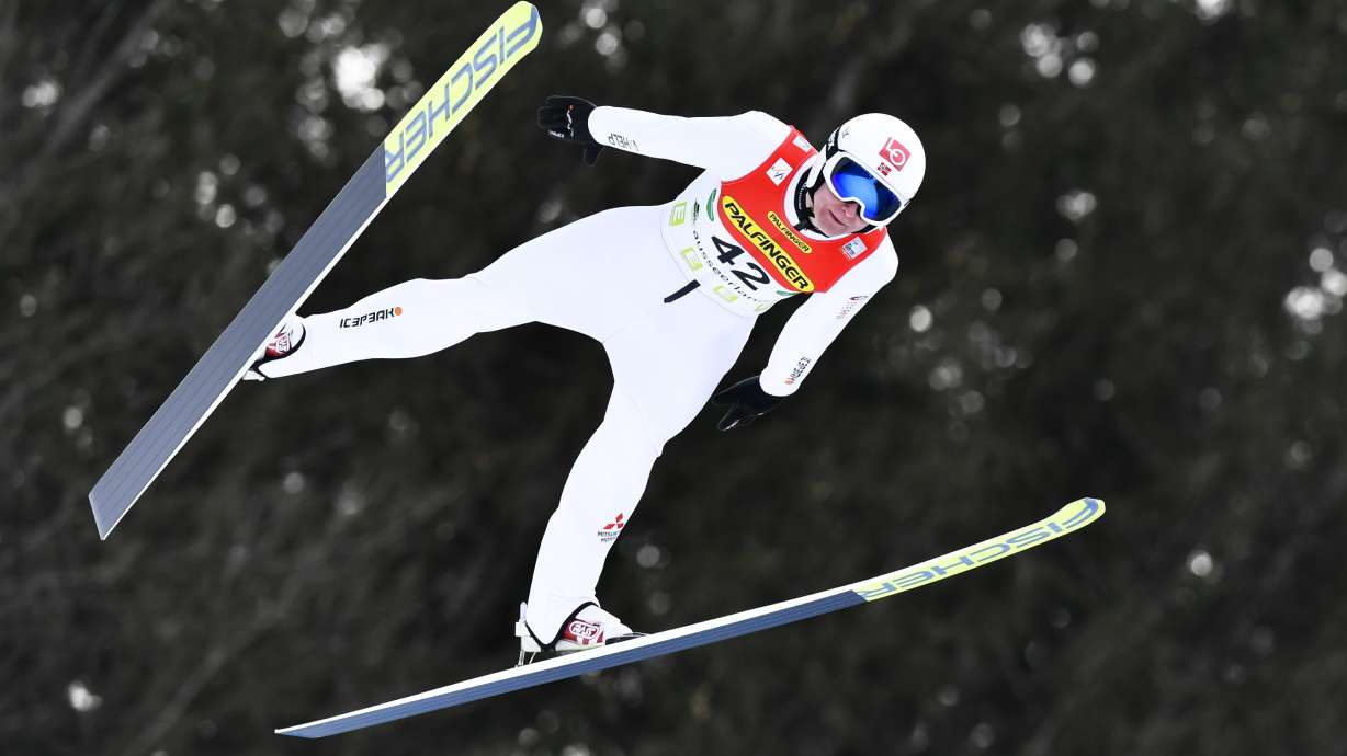 FILE - Robin Pedersen from Norway soars through the air during the Ski Jumping World Cup in Bad Mitterndorf, Austria, Sunday, Feb. 16, 2020.