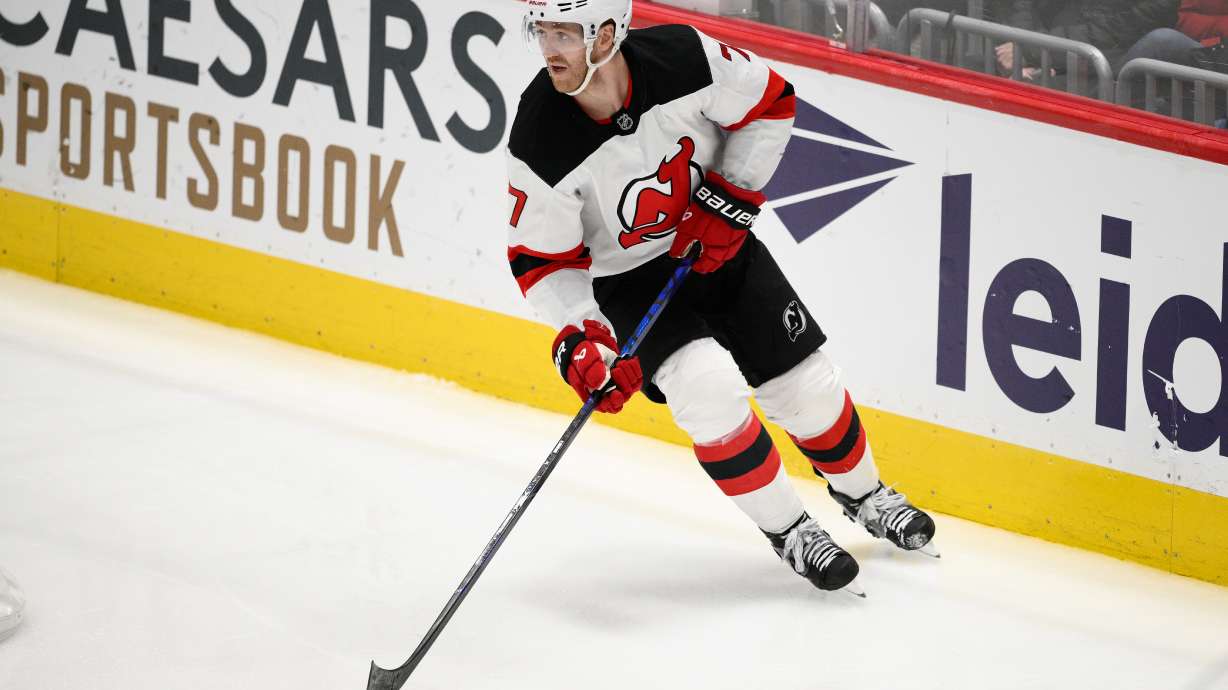 FILE - New Jersey Devils defenseman Dougie Hamilton (7) in action during the third period of an NHL hockey game against the Washington Capitals, Nov. 23, 2024, in Washington.