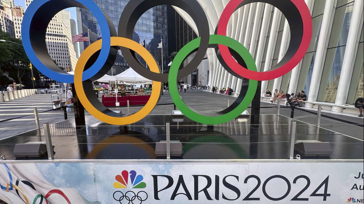 FILE - Olympic rings are on display in New York on Tuesday, July 9, 2024, ahead of the Summer Olympics in Paris.