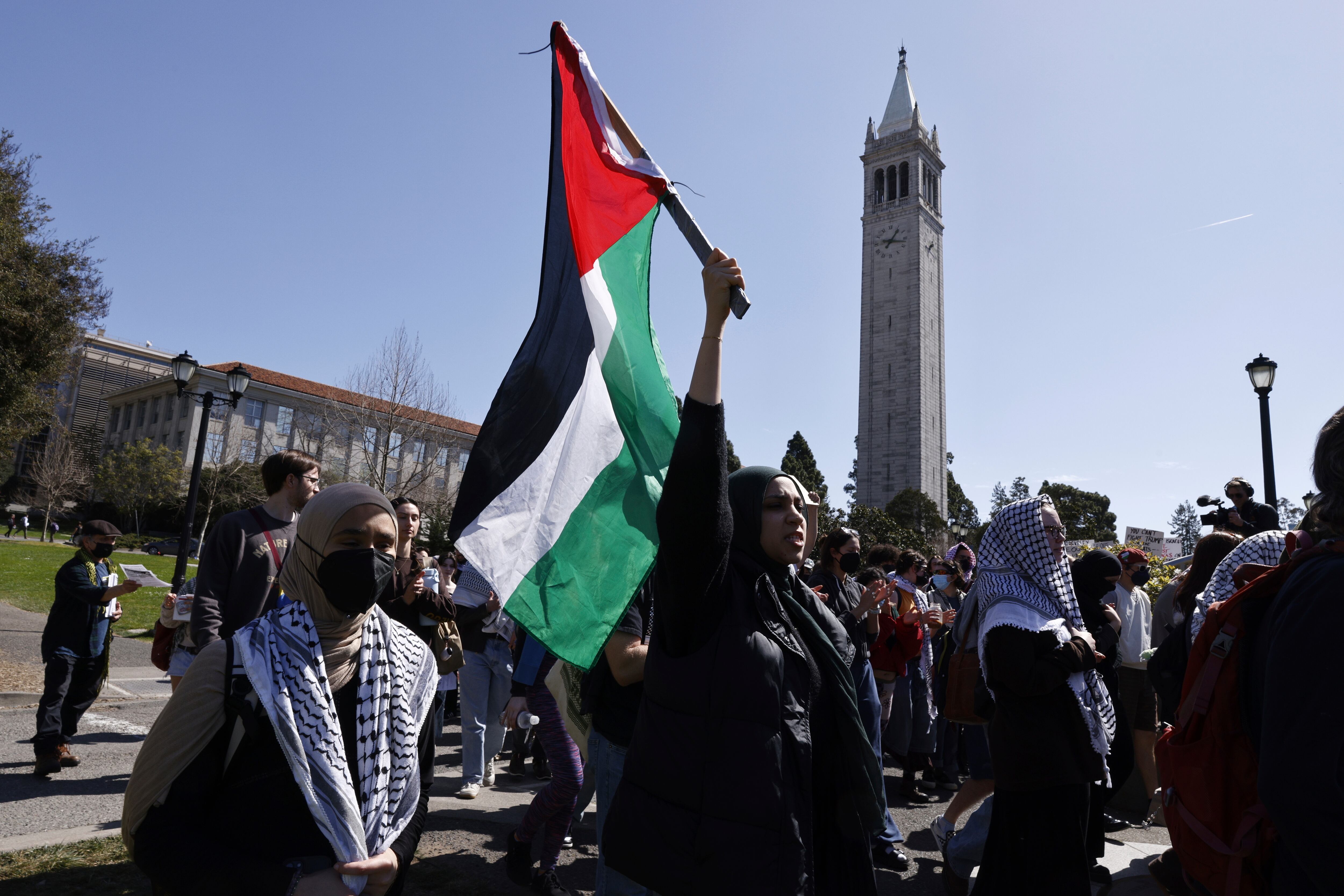 Protesters march on campus against the arrest of Mahmoud Khalil at UC Berkeley on Tuesday, in Berkeley, Calif.