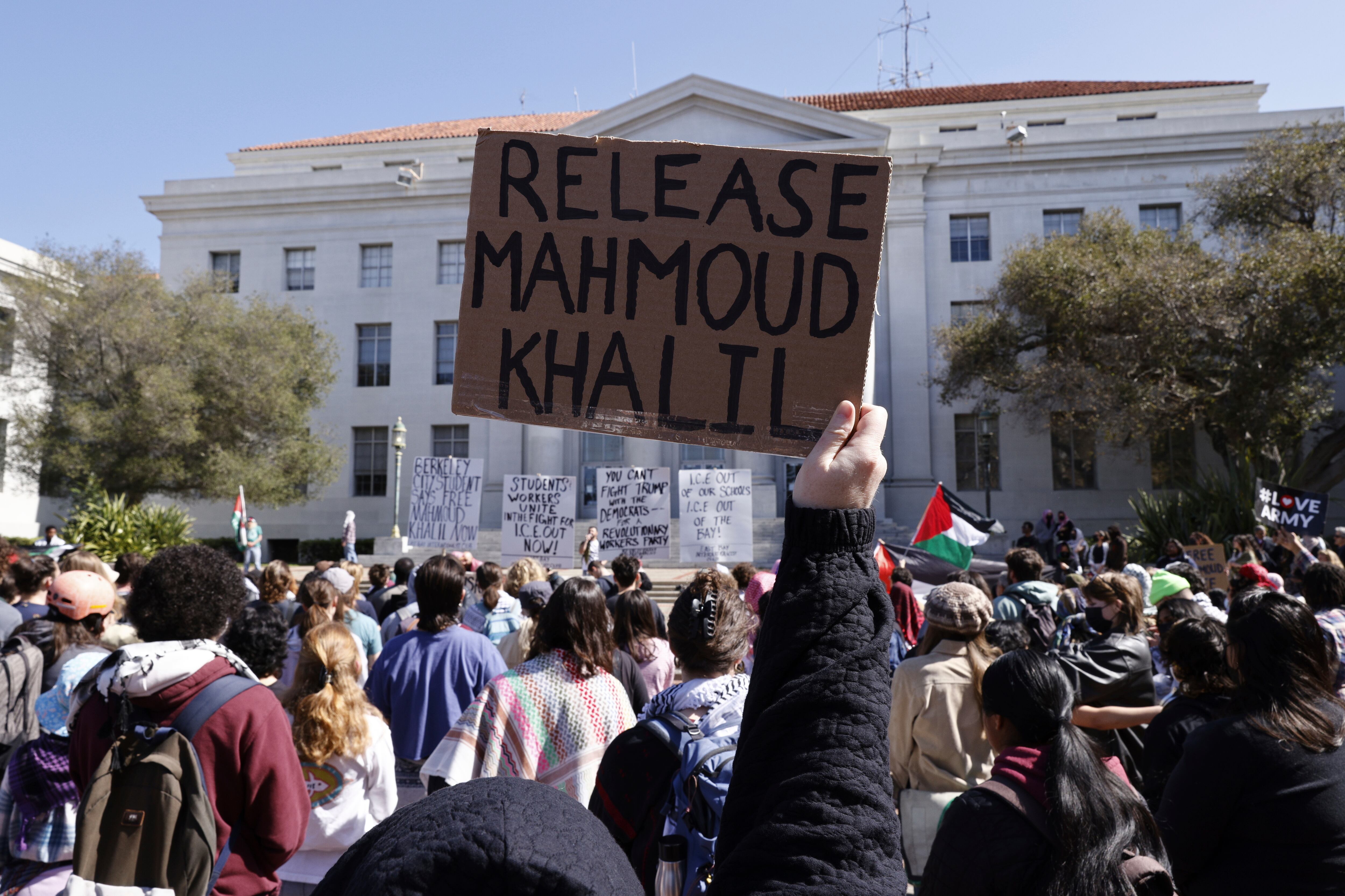 Protesters march on campus against the arrest of Mahmoud Khalil at UC Berkeley on Tuesday in Berkeley, Calif.