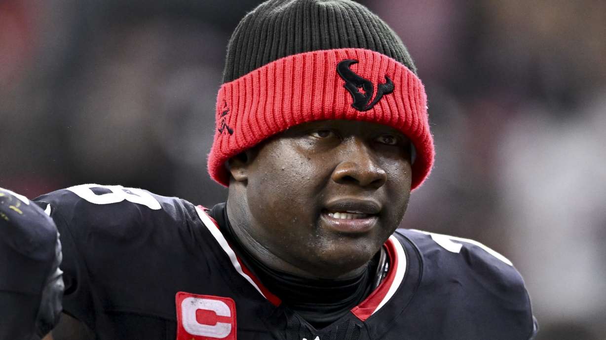 FILE - Houston Texans offensive tackle Laremy Tunsil (78) walks off the field at the end of the first half of an NFL wild-card playoff football game against the Los Angeles Chargers, Jan. 11, 2025, in Houston.