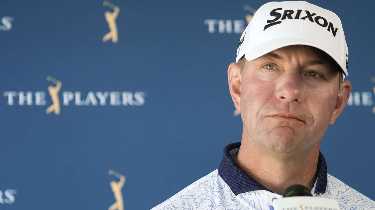 Lucas Glover listens to a question after completing the first round of The Players Championship golf tournament Thursday, March 13, 2025, in Ponte Vedra Beach, Fla.