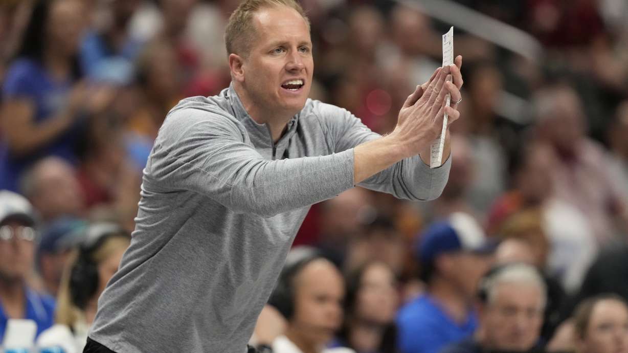 Brigham Young head coach Kevin Young is seen on the sidelines during the second half of an NCAA college basketball game against Iowa State in the quarterfinal round of the Big 12 Conference tournament, Thursday, March 13, 2025, in Kansas City, Mo.